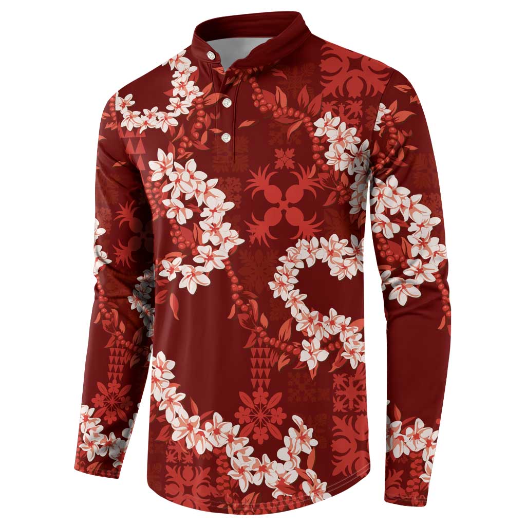 Mokihana Maile and Ilima Leis Button Sweatshirt Ulaʻula Hawaiian Tapa Quilt Pattern - Polynesian Pride
