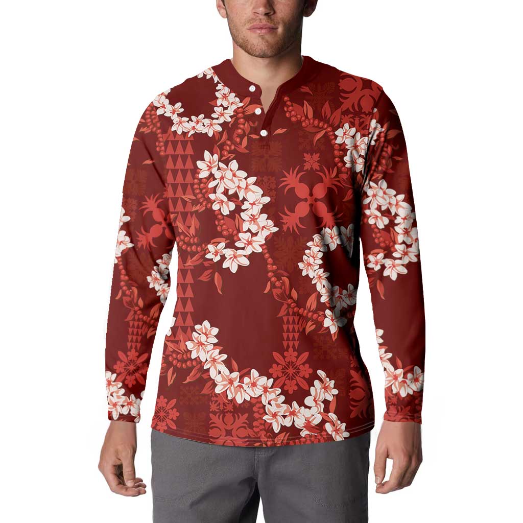 Mokihana Maile and Ilima Leis Button Sweatshirt Ulaʻula Hawaiian Tapa Quilt Pattern - Polynesian Pride