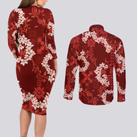 Mokihana Maile and Ilima Leis Couples Matching Long Sleeve Bodycon Dress and Long Sleeve Button Shirt Ulaʻula Hawaiian Tapa Quilt Pattern - Polynesian Pride