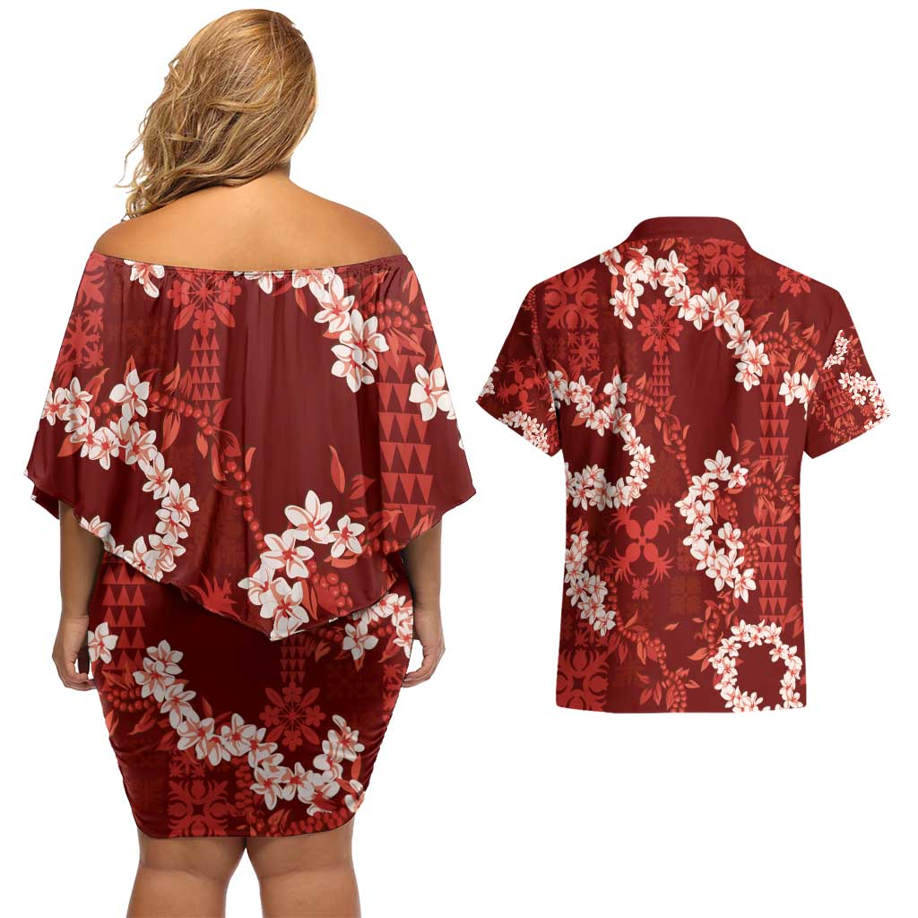 Mokihana Maile and Ilima Leis Couples Matching Off Shoulder Short Dress and Hawaiian Shirt Ulaʻula Hawaiian Tapa Quilt Pattern - Polynesian Pride