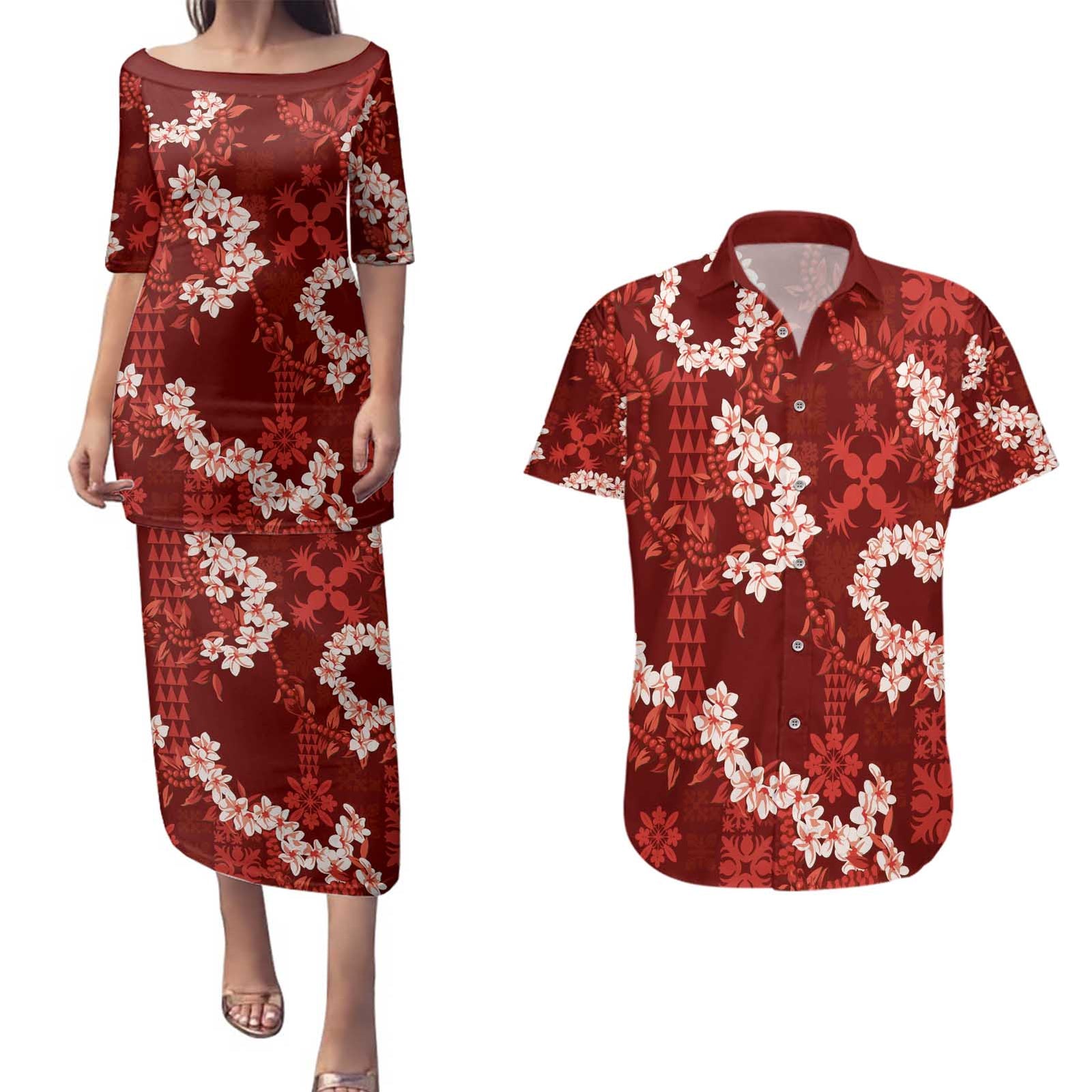 Mokihana Maile and Ilima Leis Couples Matching Puletasi and Hawaiian Shirt Ulaʻula Hawaiian Tapa Quilt Pattern - Polynesian Pride