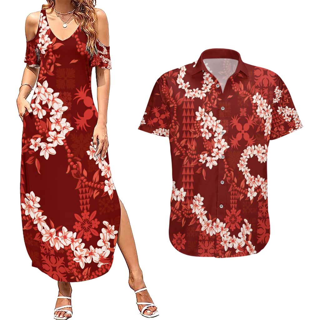 Mokihana Maile and Ilima Leis Couples Matching Summer Maxi Dress and Hawaiian Shirt Ulaʻula Hawaiian Tapa Quilt Pattern - Polynesian Pride