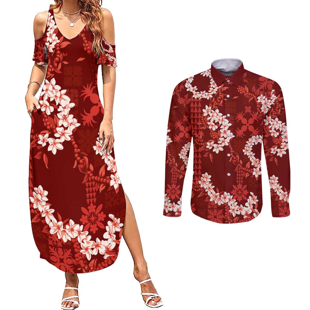 Mokihana Maile and Ilima Leis Couples Matching Summer Maxi Dress and Long Sleeve Button Shirt Ulaʻula Hawaiian Tapa Quilt Pattern - Polynesian Pride