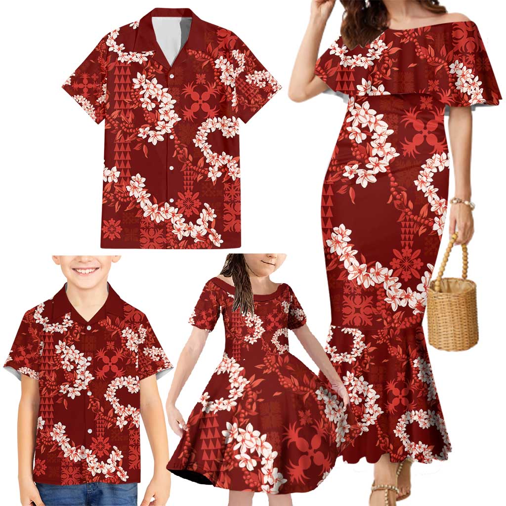 Mokihana Maile and Ilima Leis Family Matching Mermaid Dress and Hawaiian Shirt Ulaʻula Hawaiian Tapa Quilt Pattern - Polynesian Pride