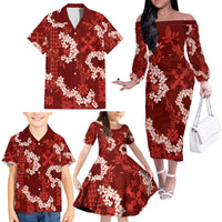 Mokihana Maile and Ilima Leis Family Matching Off The Shoulder Long Sleeve Dress and Hawaiian Shirt Ulaʻula Hawaiian Tapa Quilt Pattern - Polynesian Pride