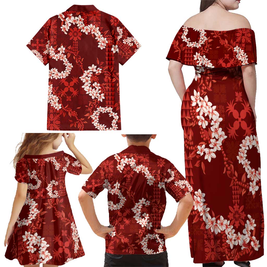 Mokihana Maile and Ilima Leis Family Matching Off Shoulder Maxi Dress and Hawaiian Shirt Ulaʻula Hawaiian Tapa Quilt Pattern - Polynesian Pride