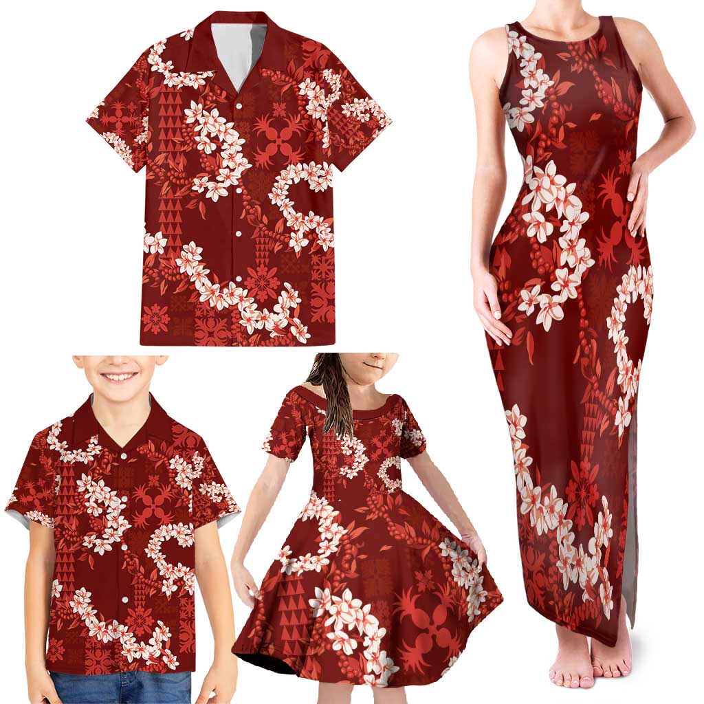 Mokihana Maile and Ilima Leis Family Matching Tank Maxi Dress and Hawaiian Shirt Ulaʻula Hawaiian Tapa Quilt Pattern - Polynesian Pride
