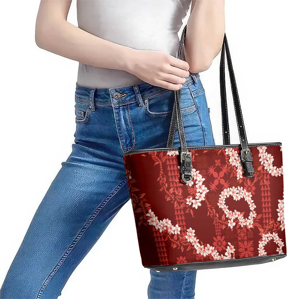 Mokihana Maile and Ilima Leis Leather Tote Bag Ulaʻula Hawaiian Tapa Quilt Pattern - Polynesian Pride
