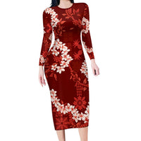 Mokihana Maile and Ilima Leis Long Sleeve Bodycon Dress Ulaʻula Hawaiian Tapa Quilt Pattern - Polynesian Pride