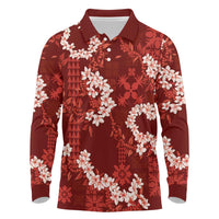 Mokihana Maile and Ilima Leis Long Sleeve Polo Shirt Ulaʻula Hawaiian Tapa Quilt Pattern - Polynesian Pride