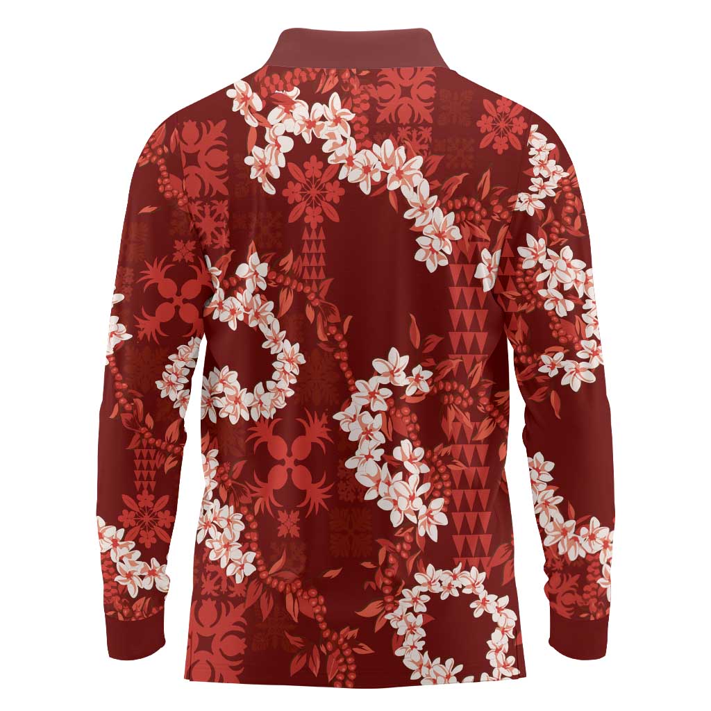 Mokihana Maile and Ilima Leis Long Sleeve Polo Shirt Ulaʻula Hawaiian Tapa Quilt Pattern - Polynesian Pride