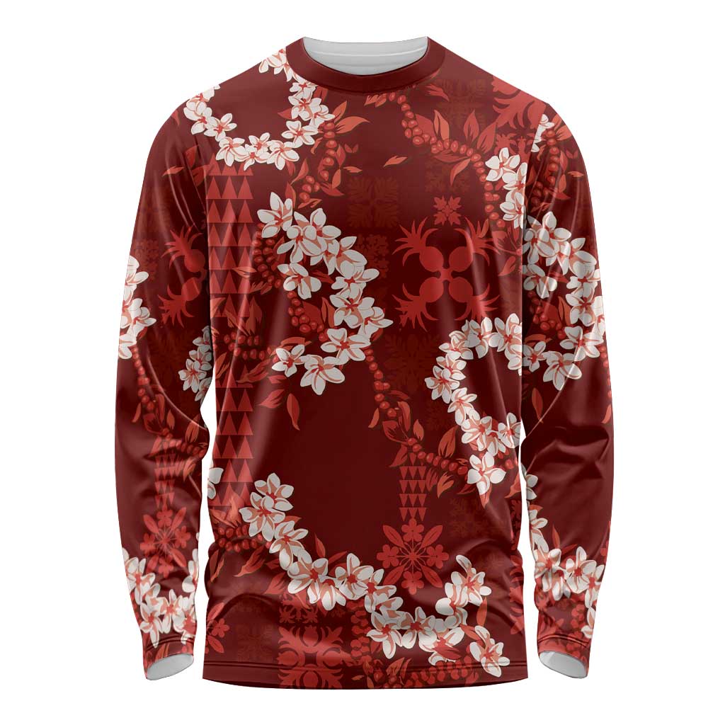 Mokihana Maile and Ilima Leis Long Sleeve Shirt Ulaʻula Hawaiian Tapa Quilt Pattern - Polynesian Pride