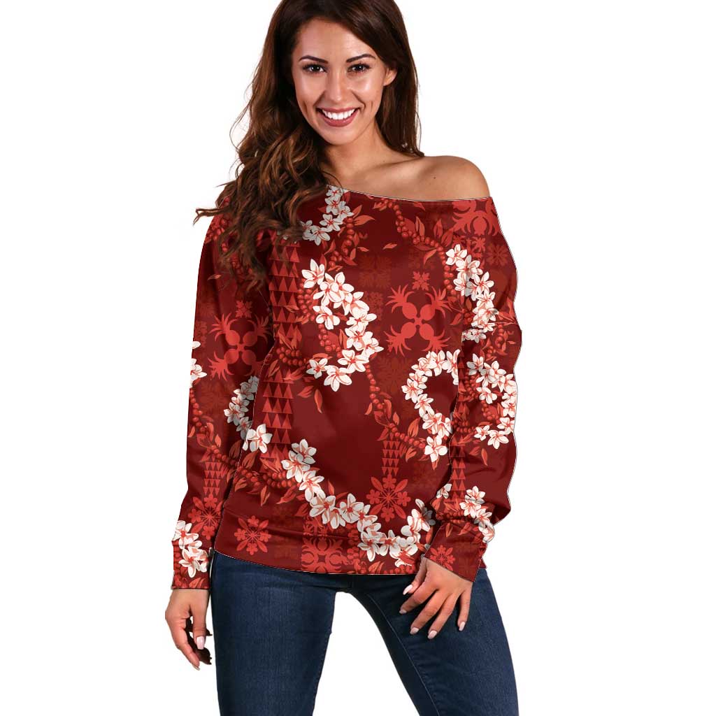 Mokihana Maile and Ilima Leis Off Shoulder Sweater Ulaʻula Hawaiian Tapa Quilt Pattern - Polynesian Pride