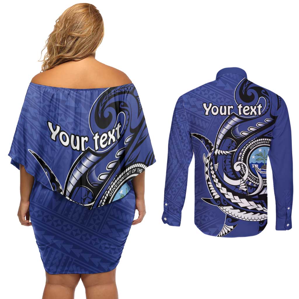 Personalized FSM 1986 Independence Day Couples Matching Off Shoulder Short Dress and Long Sleeve Button Shirt Polynesian Shark Tattoo Style