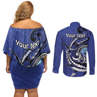 Personalized FSM 1986 Independence Day Couples Matching Off Shoulder Short Dress and Long Sleeve Button Shirt Polynesian Shark Tattoo Style