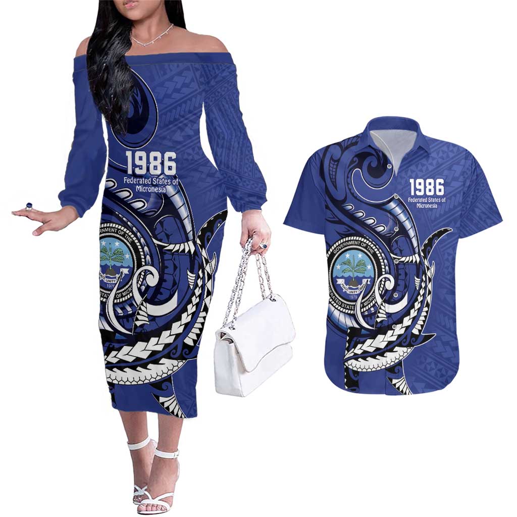 Personalized FSM 1986 Independence Day Couples Matching Off The Shoulder Long Sleeve Dress and Hawaiian Shirt Polynesian Shark Tattoo Style