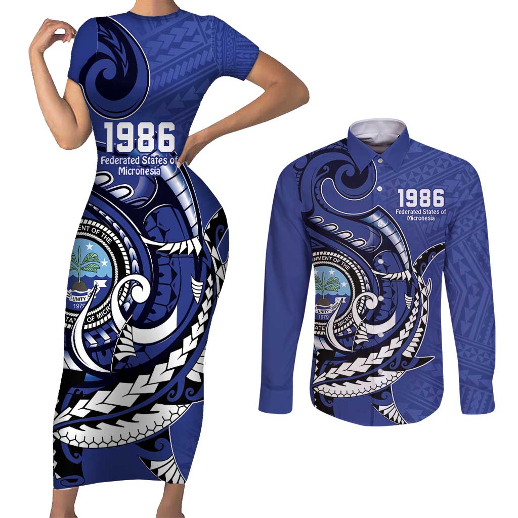 Personalized FSM 1986 Independence Day Couples Matching Short Sleeve Bodycon Dress and Long Sleeve Button Shirt Polynesian Shark Tattoo Style