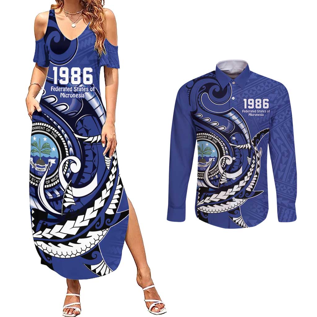 Personalized FSM 1986 Independence Day Couples Matching Summer Maxi Dress and Long Sleeve Button Shirt Polynesian Shark Tattoo Style