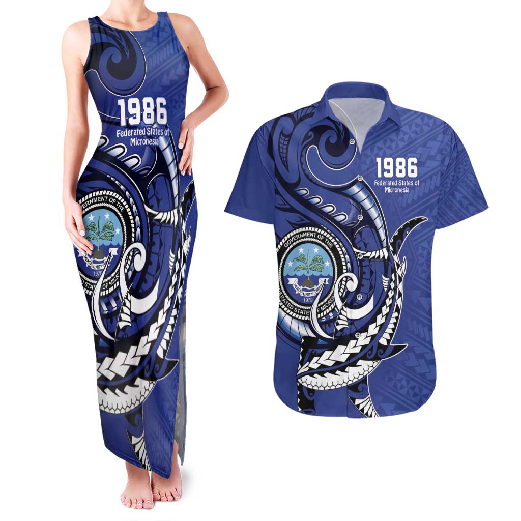 Personalized FSM 1986 Independence Day Couples Matching Tank Maxi Dress and Hawaiian Shirt Polynesian Shark Tattoo Style