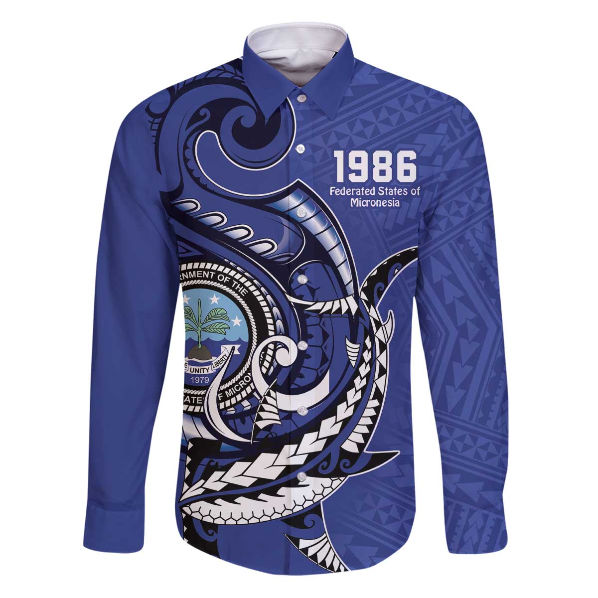 Personalized FSM 1986 Independence Day Family Matching Puletasi and Hawaiian Shirt Polynesian Shark Tattoo Style LT9 Dad's Shirt - Long Sleeve Blue - Polynesian Pride
