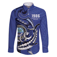 Personalized FSM 1986 Independence Day Family Matching Puletasi and Hawaiian Shirt Polynesian Shark Tattoo Style LT9 Dad's Shirt - Long Sleeve Blue - Polynesian Pride
