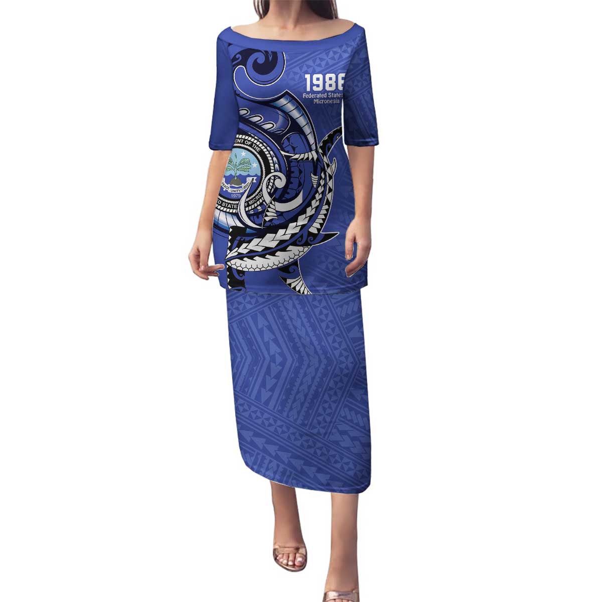 Personalized FSM 1986 Independence Day Family Matching Puletasi and Hawaiian Shirt Polynesian Shark Tattoo Style LT9 Mom's Dress Blue - Polynesian Pride
