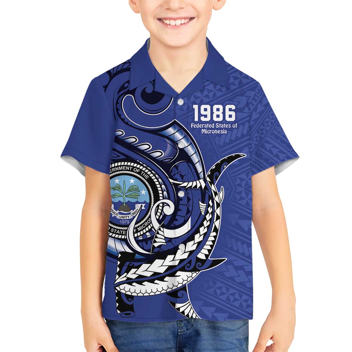 Personalized FSM 1986 Independence Day Family Matching Puletasi and Hawaiian Shirt Polynesian Shark Tattoo Style LT9 Son's Shirt Blue - Polynesian Pride