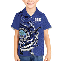 Personalized FSM 1986 Independence Day Family Matching Puletasi and Hawaiian Shirt Polynesian Shark Tattoo Style LT9 Son's Shirt Blue - Polynesian Pride