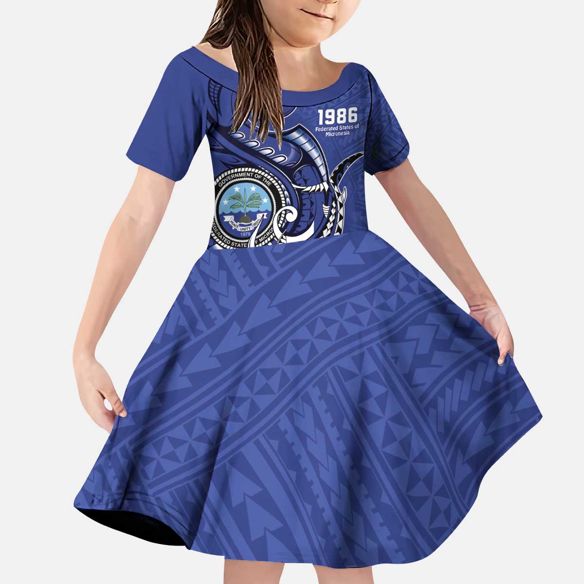 Personalized FSM 1986 Independence Day Kid Short Sleeve Dress Polynesian Shark Tattoo Style