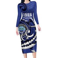 Personalized FSM 1986 Independence Day Long Sleeve Bodycon Dress Polynesian Shark Tattoo Style LT9 Long Dress Blue - Polynesian Pride