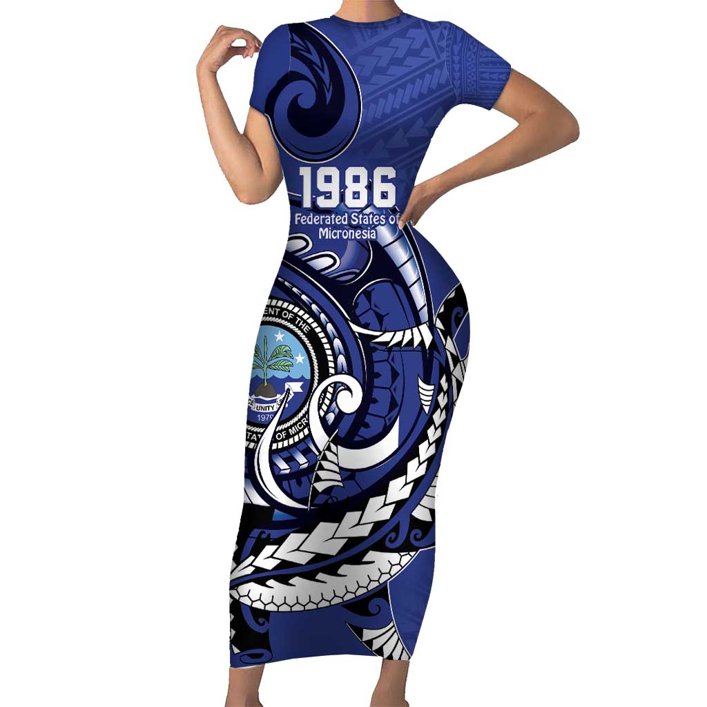 Personalized FSM 1986 Independence Day Short Sleeve Bodycon Dress Polynesian Shark Tattoo Style