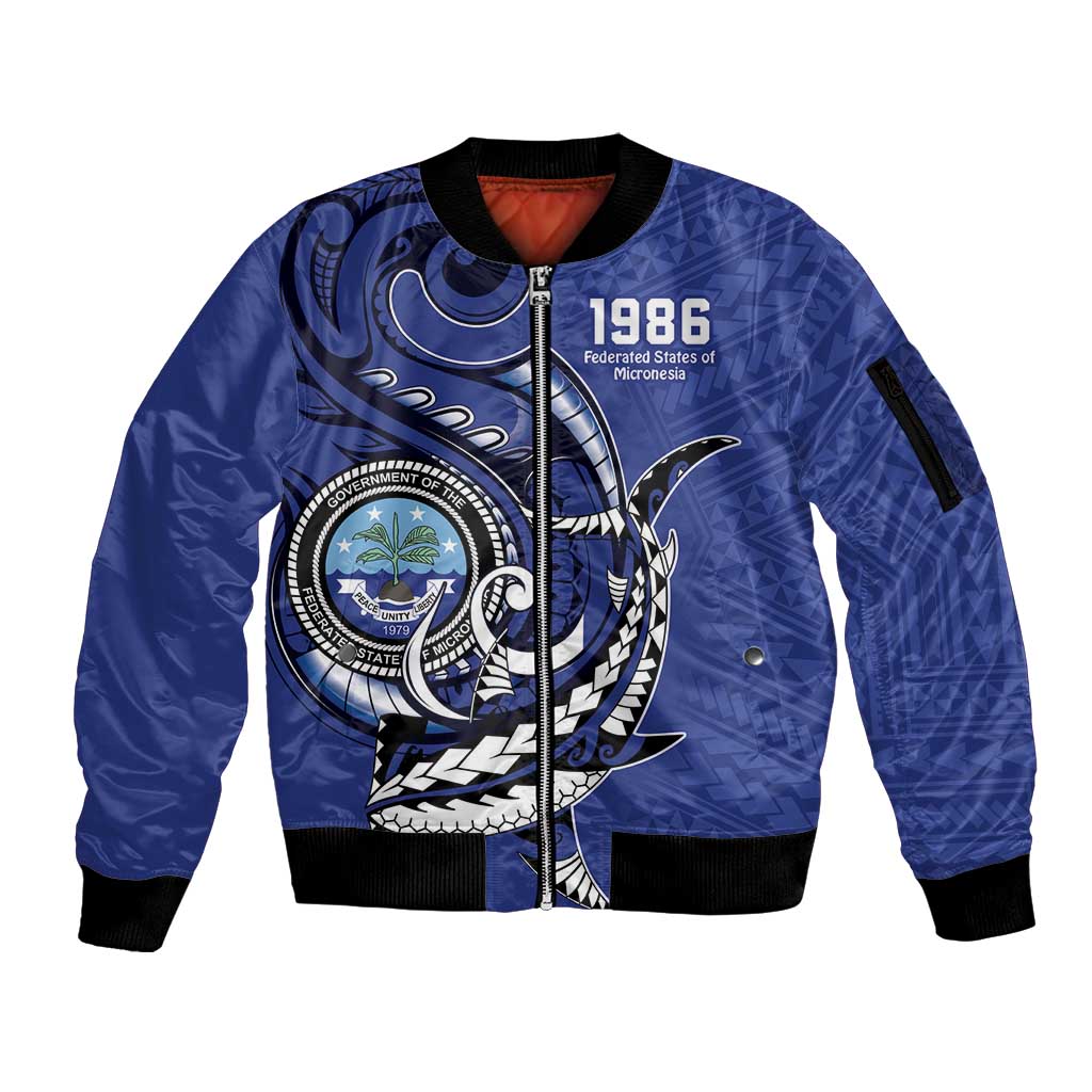 Personalized FSM 1986 Independence Day Sleeve Zip Bomber Jacket Polynesian Shark Tattoo Style