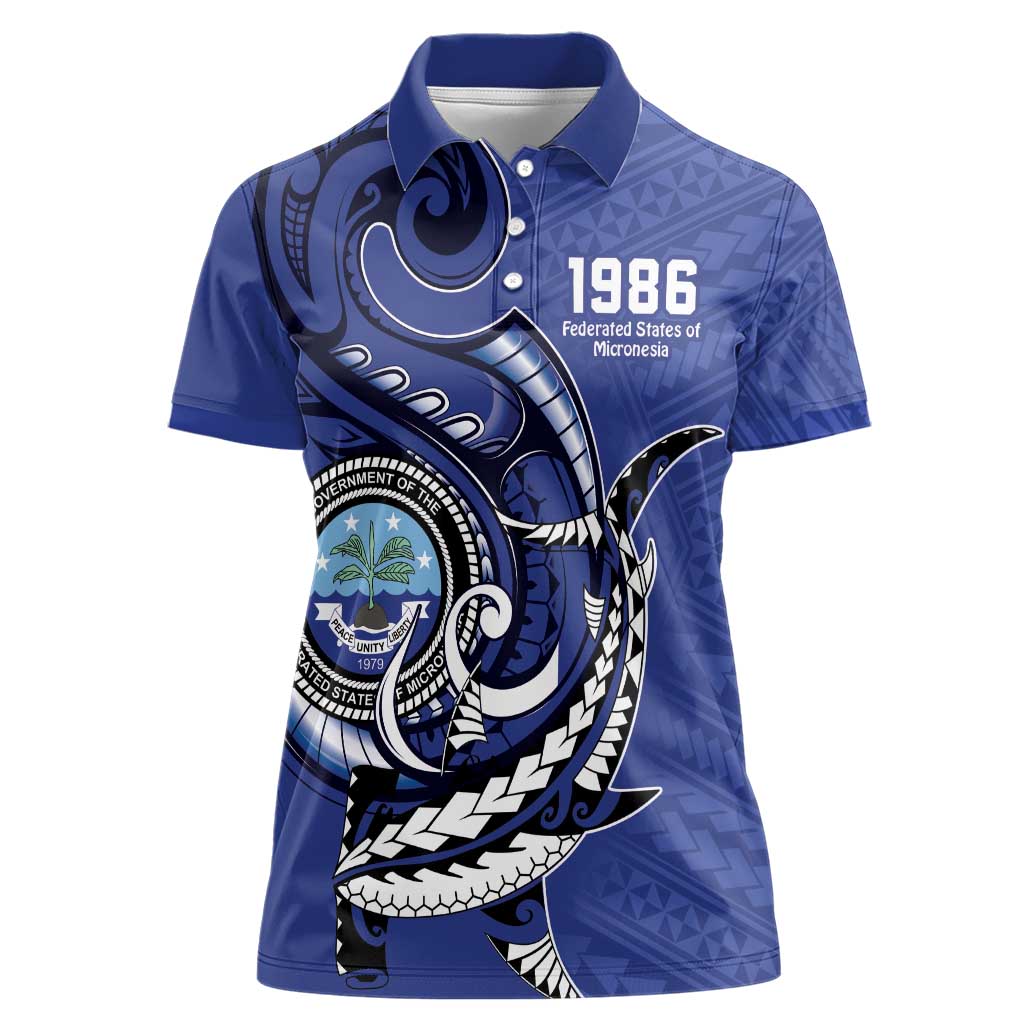 Personalized FSM 1986 Independence Day Women Polo Shirt Polynesian Shark Tattoo Style