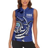 Personalized FSM 1986 Independence Day Women Sleeveless Polo Shirt Polynesian Shark Tattoo Style