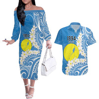Personalized Palau 1994 Belau Rekid Couples Matching Off The Shoulder Long Sleeve Dress and Hawaiian Shirt Polynesian Plumeria Style