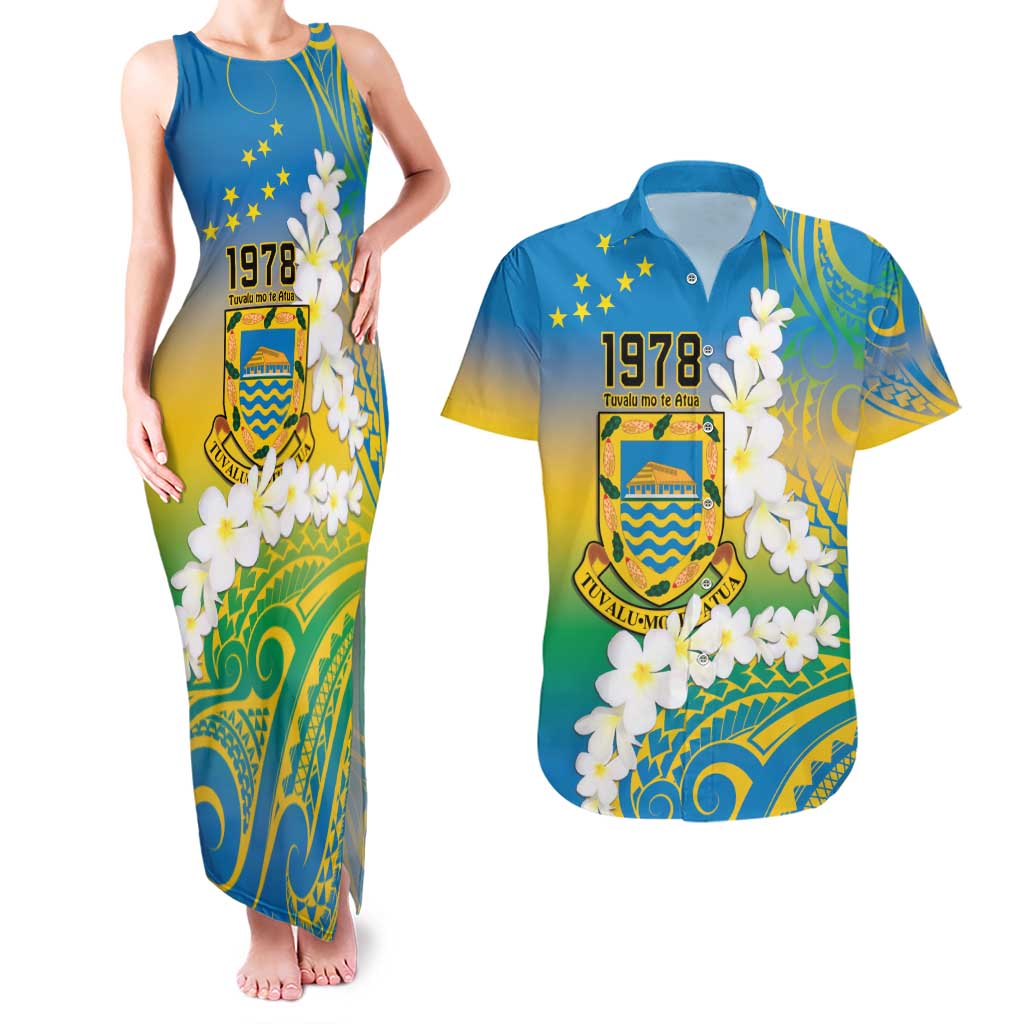 Personalised Tuvalu 1978 Independence Day Couples Matching Tank Maxi Dress and Hawaiian Shirt Polynesian Plumeria Style