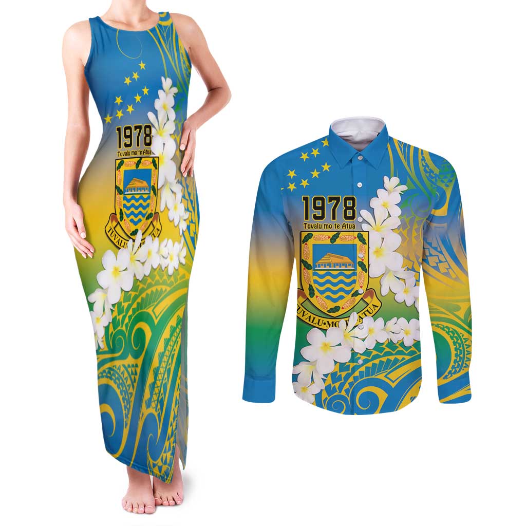 Personalised Tuvalu 1978 Independence Day Couples Matching Tank Maxi Dress and Long Sleeve Button Shirt Polynesian Plumeria Style