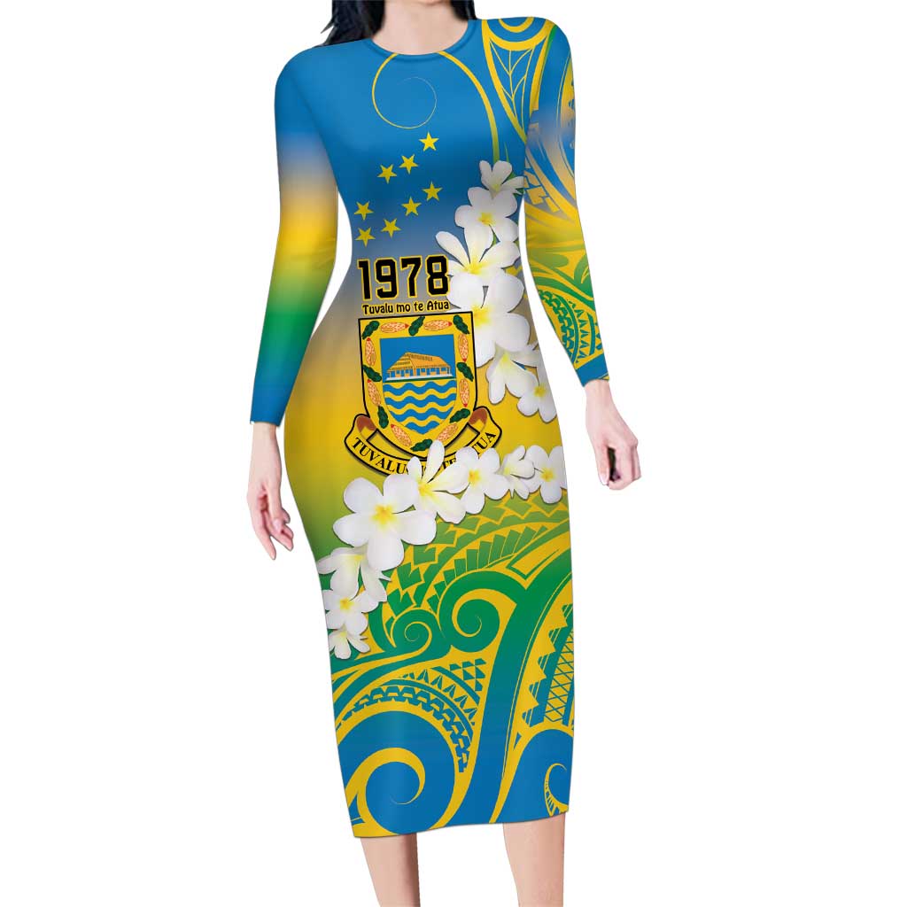 Personalised Tuvalu 1978 Independence Day Family Matching Long Sleeve Bodycon Dress and Hawaiian Shirt Polynesian Plumeria Style