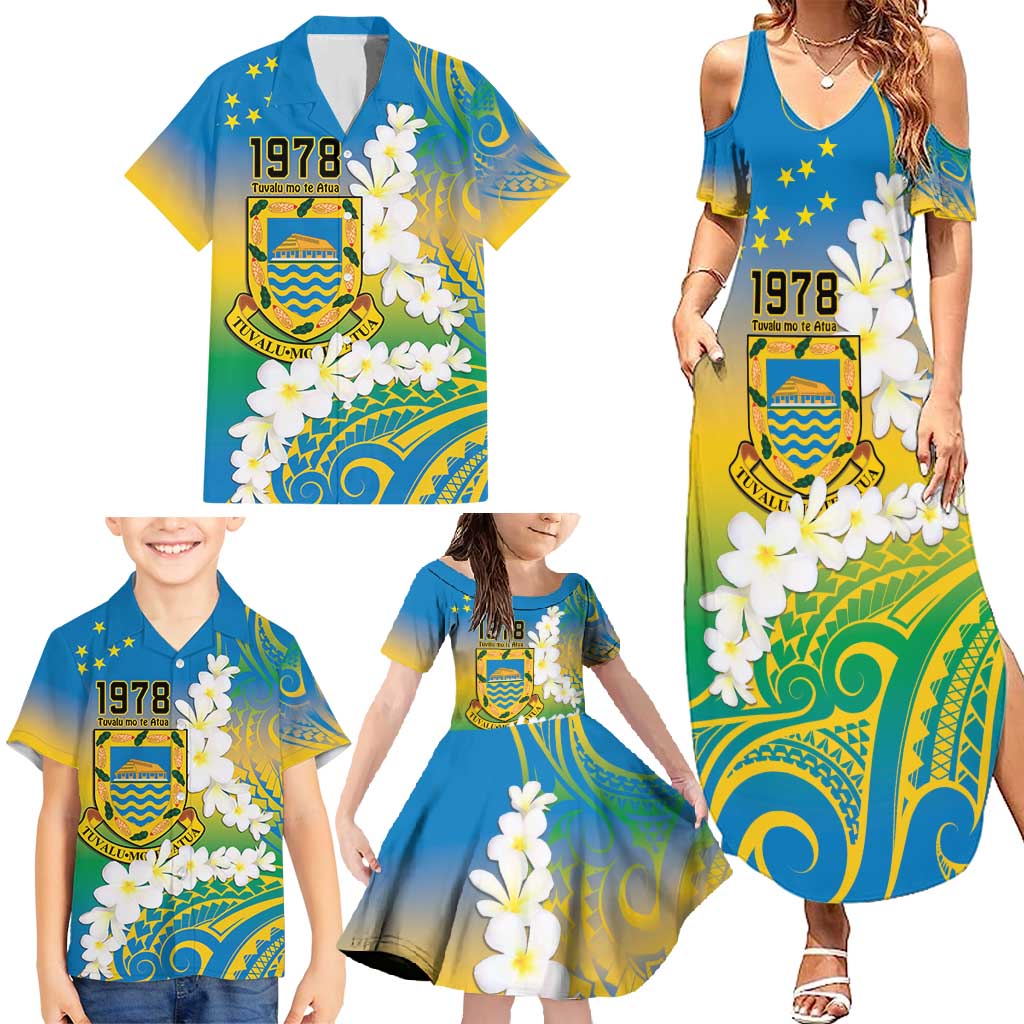 Personalised Tuvalu 1978 Independence Day Family Matching Summer Maxi Dress and Hawaiian Shirt Polynesian Plumeria Style