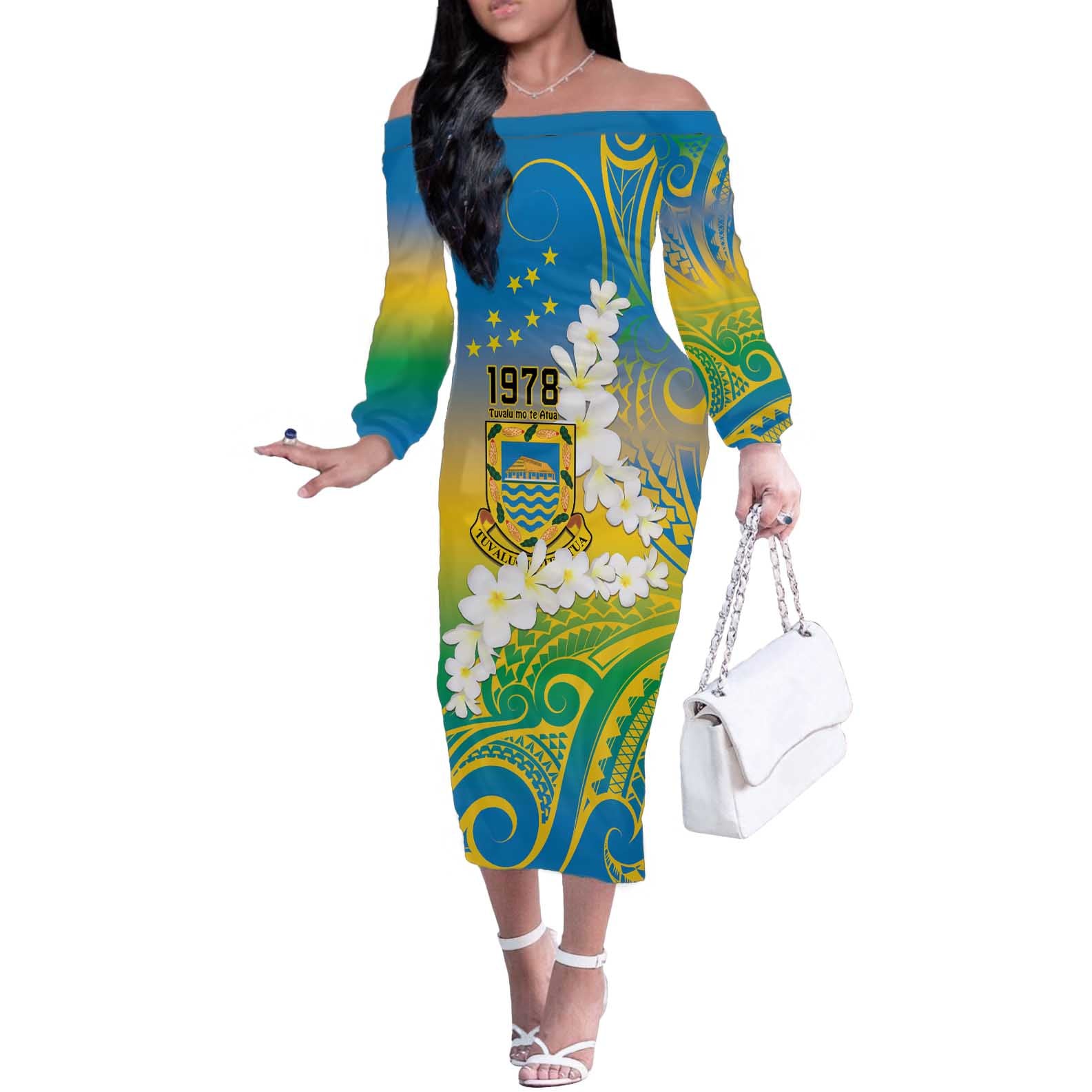 Personalised Tuvalu 1978 Independence Day Off The Shoulder Long Sleeve Dress Polynesian Plumeria Style