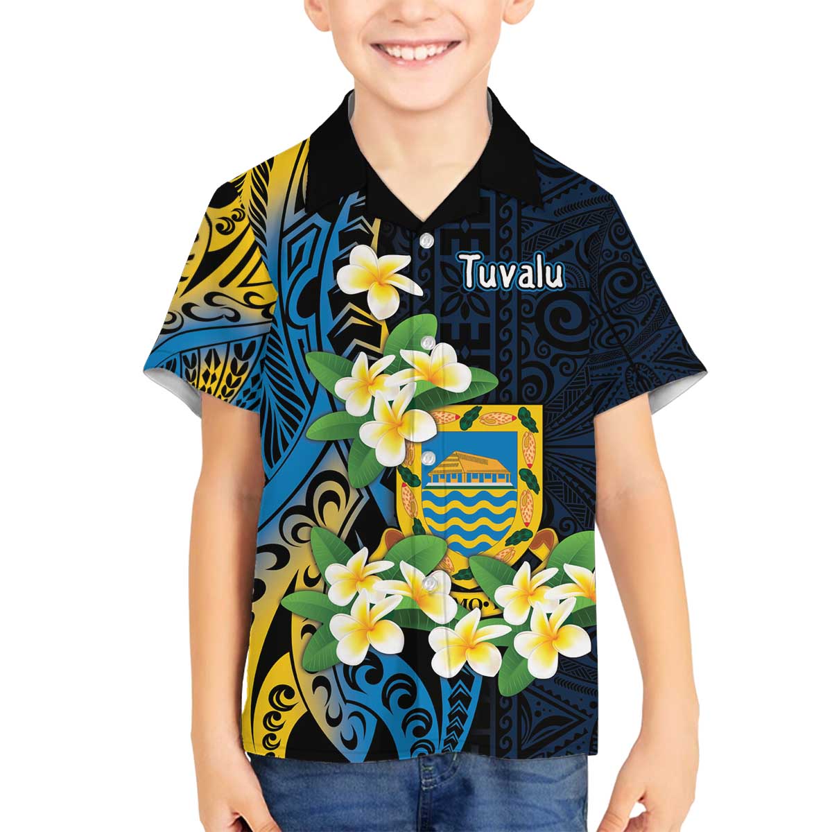 Personalised Tuvalu Beautiful Plumeria Flower Family Matching Off Shoulder Short Dress and Hawaiian Shirt
