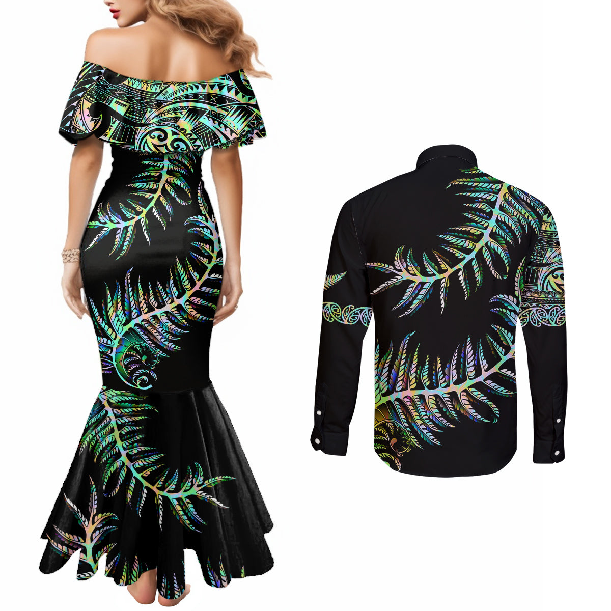 New Zealand Couples Matching Mermaid Dress and Long Sleeve Button Shirt Aotearoa Silver Fern Mixed Papua Shell Green Vibe LT9 - Polynesian Pride