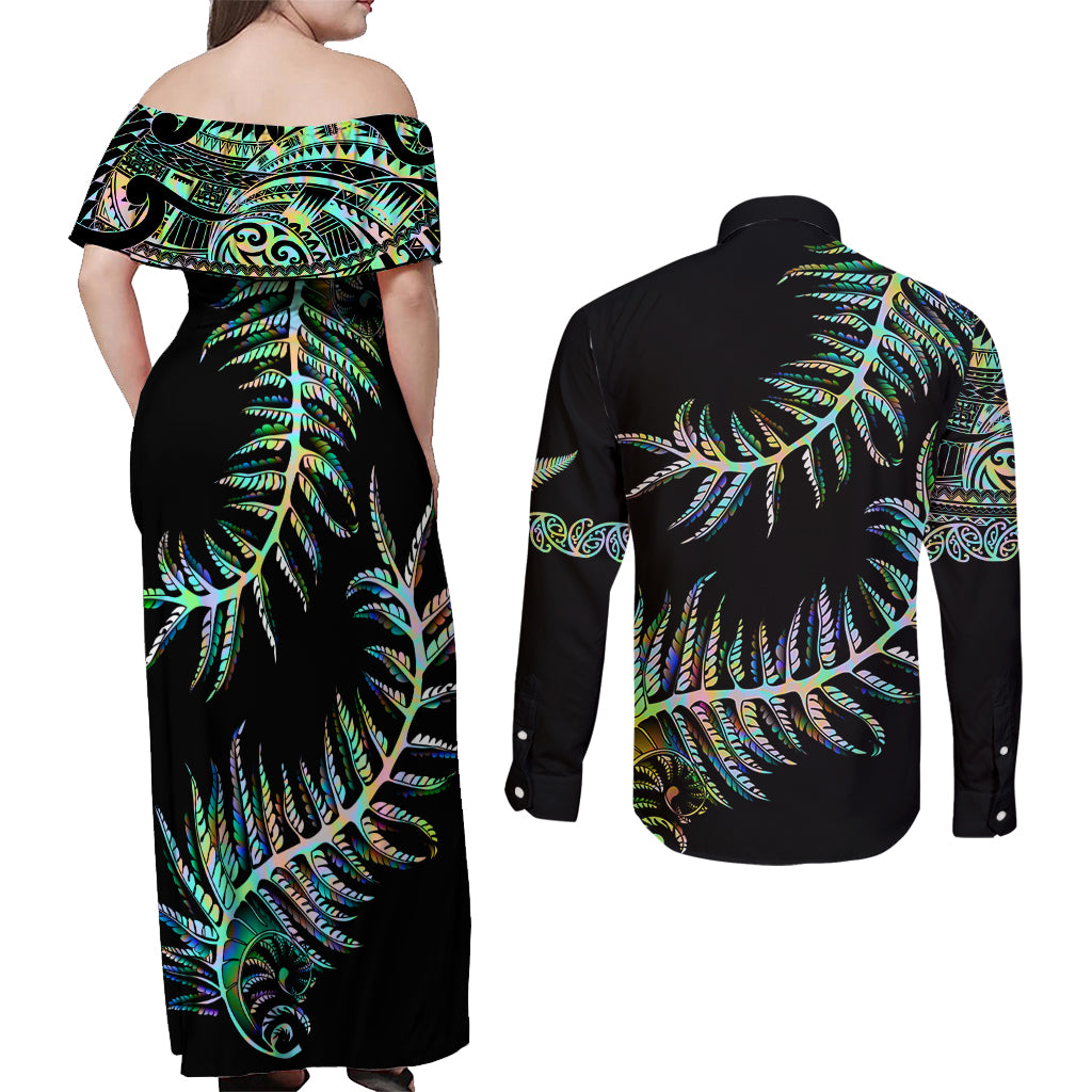 New Zealand Couples Matching Off Shoulder Maxi Dress and Long Sleeve Button Shirt Aotearoa Silver Fern Mixed Papua Shell Green Vibe LT9 - Polynesian Pride