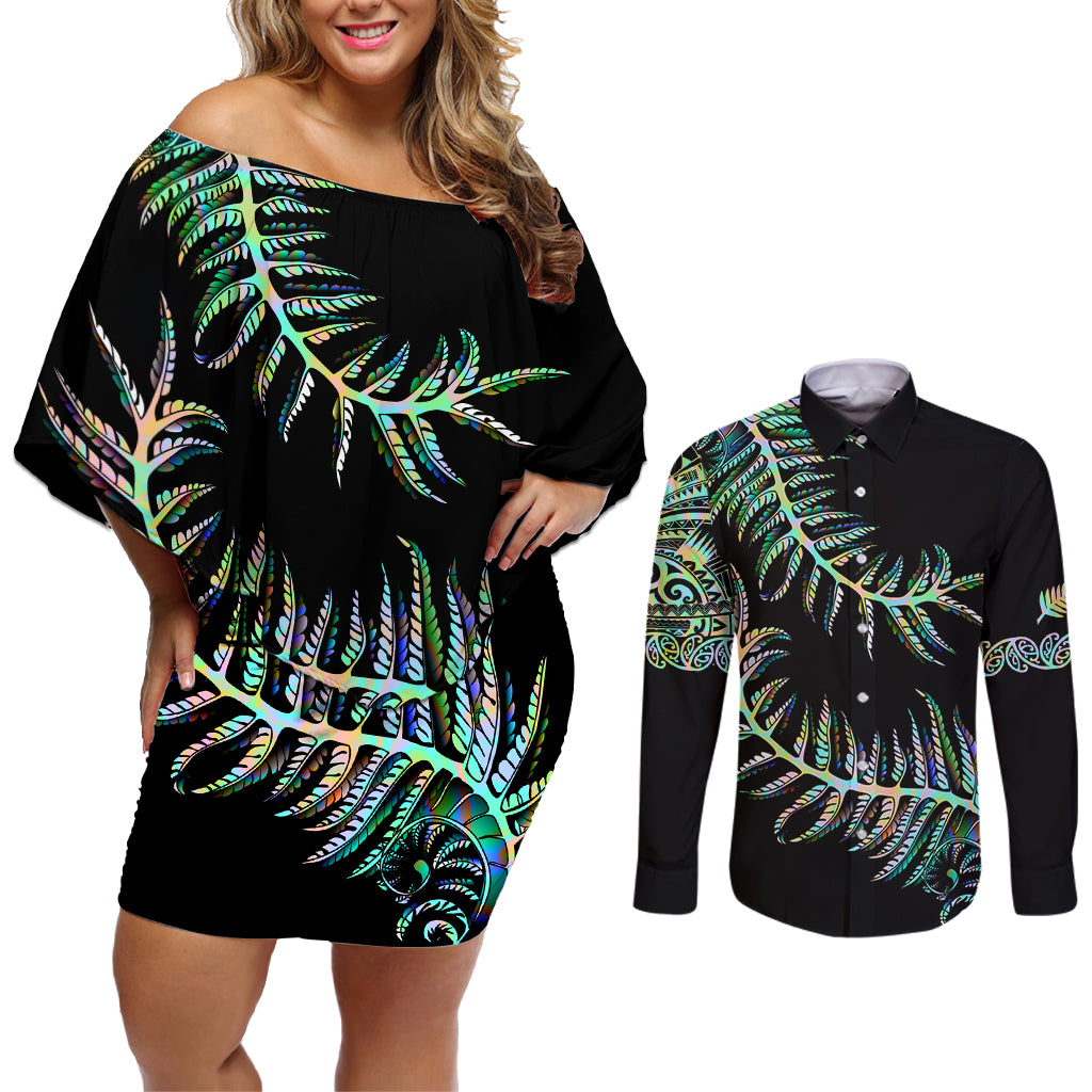 New Zealand Couples Matching Off Shoulder Short Dress and Long Sleeve Button Shirt Aotearoa Silver Fern Mixed Papua Shell Green Vibe LT9 Green - Polynesian Pride