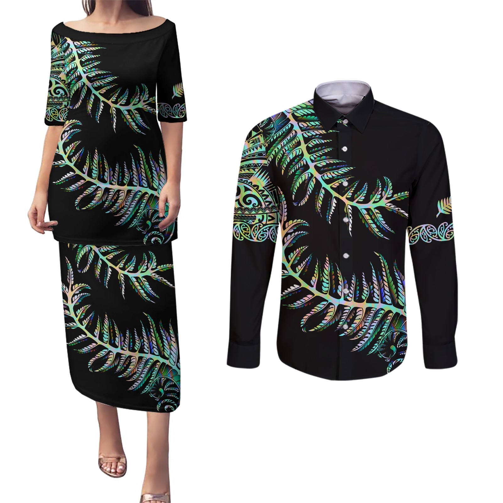 New Zealand Couples Matching Puletasi Dress and Long Sleeve Button Shirt Aotearoa Silver Fern Mixed Papua Shell Green Vibe LT9 Green - Polynesian Pride