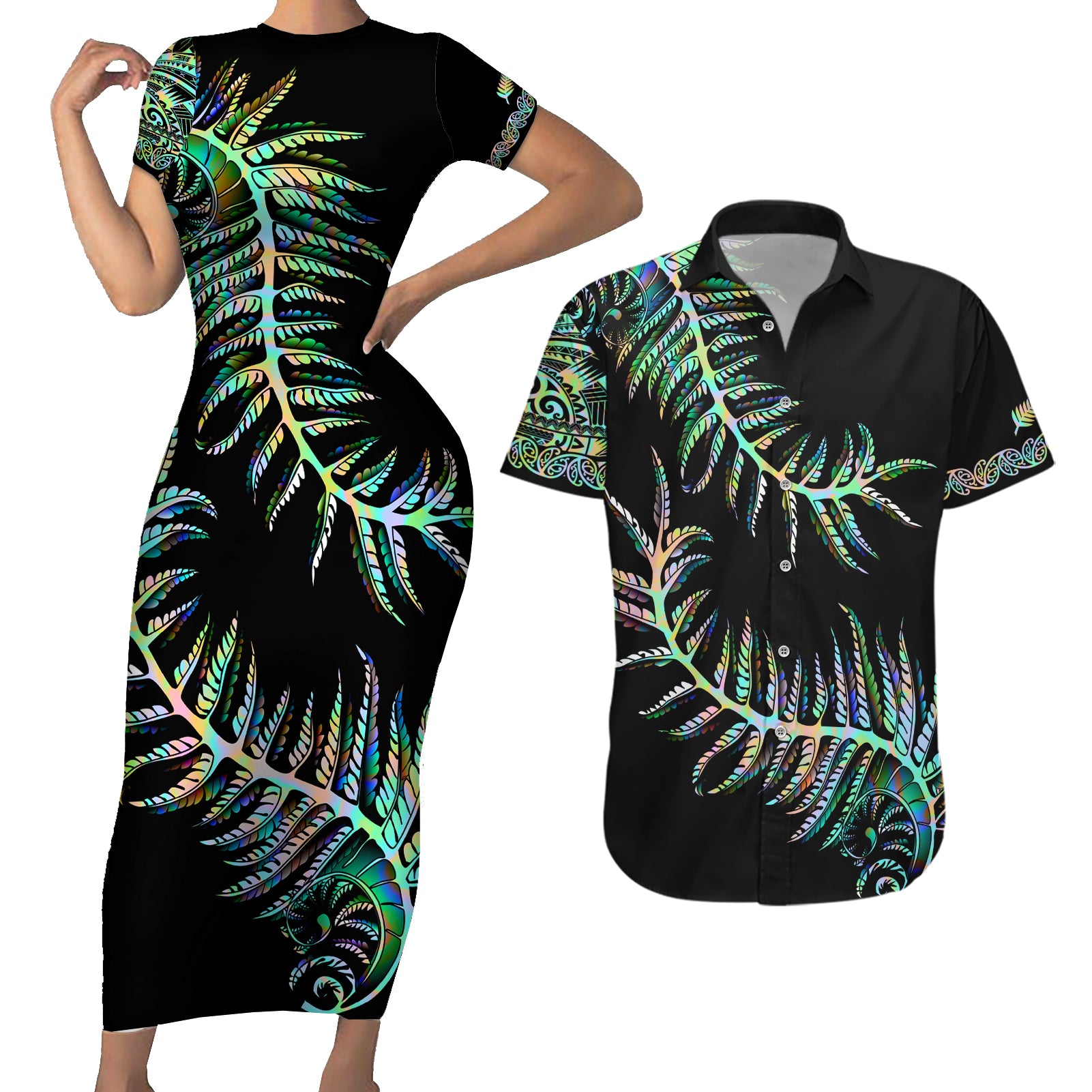 New Zealand Couples Matching Short Sleeve Bodycon Dress and Hawaiian Shirt Aotearoa Silver Fern Mixed Papua Shell Green Vibe LT9 Green - Polynesian Pride