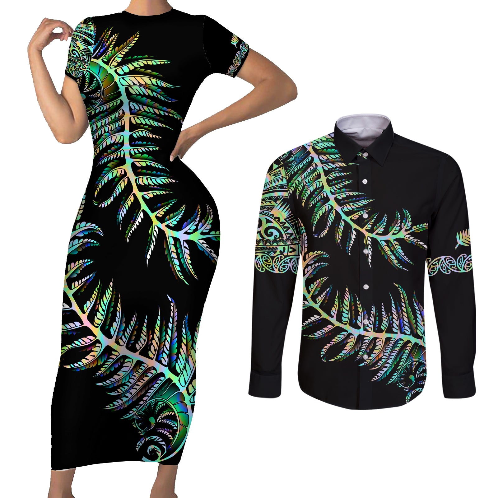 New Zealand Couples Matching Short Sleeve Bodycon Dress and Long Sleeve Button Shirt Aotearoa Silver Fern Mixed Papua Shell Green Vibe LT9 Green - Polynesian Pride