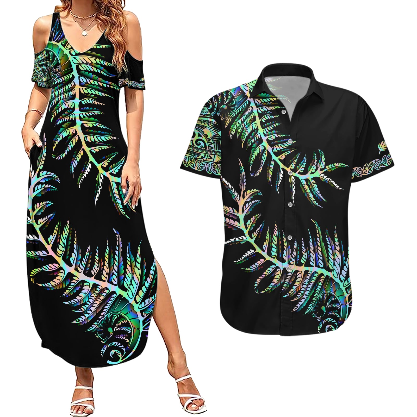 New Zealand Couples Matching Summer Maxi Dress and Hawaiian Shirt Aotearoa Silver Fern Mixed Papua Shell Green Vibe LT9 Green - Polynesian Pride