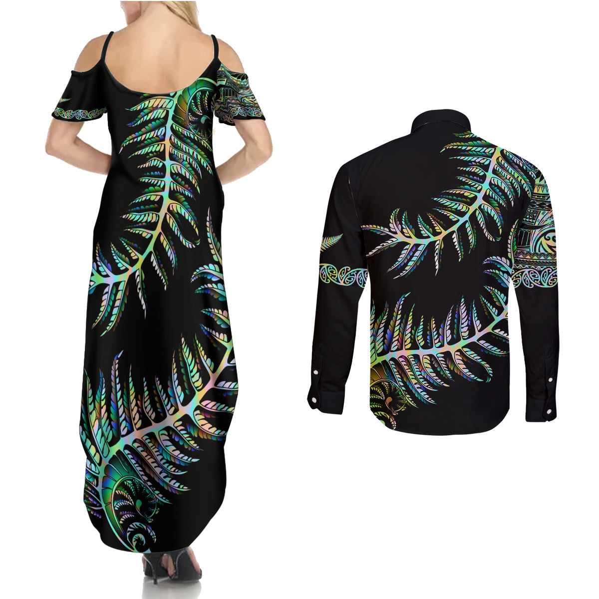 New Zealand Couples Matching Summer Maxi Dress and Long Sleeve Button Shirt Aotearoa Silver Fern Mixed Papua Shell Green Vibe LT9 - Polynesian Pride