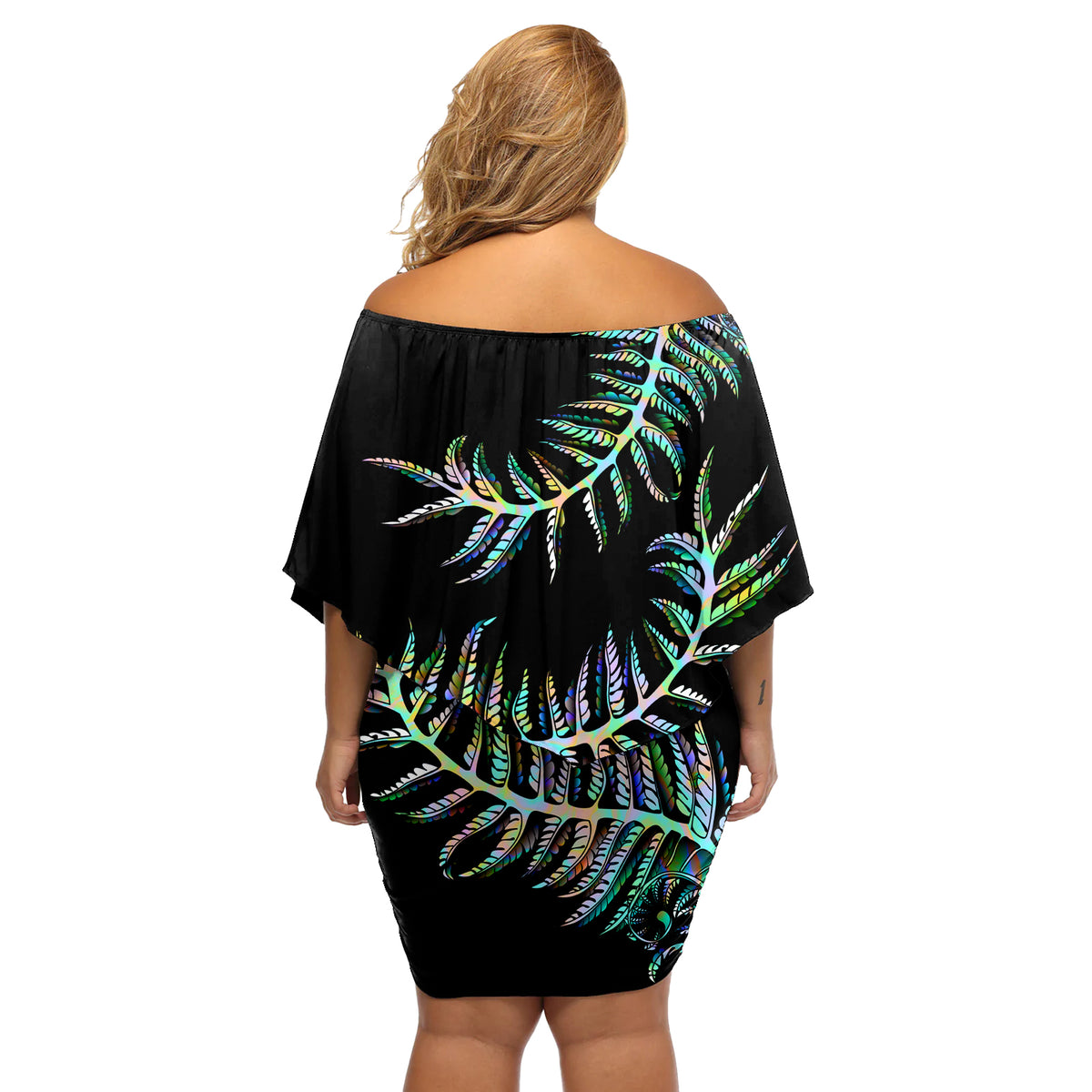 New Zealand Off Shoulder Short Dress Aotearoa Silver Fern Mixed Papua Shell Green Vibe LT9 - Polynesian Pride